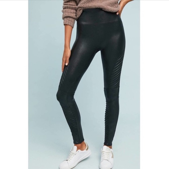 Spanx x Anthropologie Black Moto Faux Leather Leggings High Waisted Size M - Picture 1 of 7